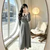 Vestido Tricô Gola Lapela Cinza Ano Feminino Outono Cintura Marcada Emagrecedor Saia Longa Bordado Preto Fábrica de Origem