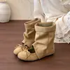Botas de Cano Curto Redondas com Laço Retro Mais Vendidas Femininas Outono 2026 Novas Sandálias Botas Versáteis Vazadas Empilhadas que Aumentam a Altura