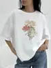 Hermosa Camiseta Blanca de Manga Corta con Estampado Floral Estilo Europeo para Mujer, Nueva Moda, Chica Urbana, Camiseta Gráfica