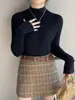 Suéter azul feminino outono e inverno novo estilo gola semi-alta camada de base de tricô Mela azul conjunto top camisa base gola média