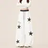 Calça de moletom esportiva retro americana com estampa de leopardo e bordado de estrela para homens e mulheres, calça longa casual larga reta solta para primavera e outono
