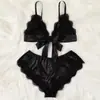 Lencería Sexy Popular Europea y Americana Sexy Encaje Profundo en V Lazo Tirantes Pantalones Cortos de Encaje Ropa de Casa para Mujer Conjunto de Dos Piezas