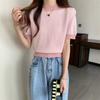 Suéter de Cuadros de Manga Corta para Mujer Verano Nuevo Color Contraste Cuello Redondo Diseño Corto Nicho Dulce Lindo Top Trendy