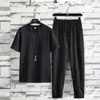 Verão masculino esportes casual shorts plissados manga curta terno fino solto respirável manga curta T-shirt calças terno