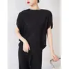 Novo Top Feminino de Verão Feminino com Aparência Slim Mangas Morcego Cobrindo Carne Plissado Manga Curta Camiseta Feminina Estilo Ocidental Miyake