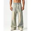 Jeans de hombre estilo americano con cordón degradado desgastado, cintura elástica, pierna ancha, corte recto, fluidos, lavados, pantalones largos casuales retro