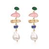 Brincos de pingente de pérola de gota de óleo de liga versátil e distintiva de estilo japonês e coreano, brincos longos de esmalte geométrico retrô para mulheres
