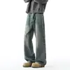 Jeans vintage azules lavados para hombre, estilo americano de otoño, pantalones largos de pierna ancha con efecto bigote de gato, pantalones rectos holgados de moda para adolescentes