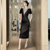 Vestido Negro 2026 Verano Nuevo Estilo para Mujer Estilo Francés con Perlas Diseño de Cuello Redondo Vestido Ajustado 9040