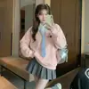 Sudadera con cuello de polo y corbata falsa de dos piezas estilo academia para mujer, primavera y otoño, diseño holgado y perezoso de nicho, top de bloques de color