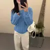 Cárdigan Suéter Suave Azul Suave Estilo Coreano para Mujer, Otoño Temprano Top Chaqueta de Punto Trenzado Retro Perezoso de Gama Alta