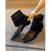 Primer Encuentro Ji Botines Cuadrados Retro para Mujer Nuevos Versátiles con Cremallera Trasera Huecos Aumentadores Internos de Altura Botas de Pantalón Botas Adelgazantes