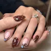 Outono Inverno Unhas Francesas Pontilhadas Usáveis Cor Café Longas Amêndoa Azul Pontilhado Laço Removível Unhas Postiças Atacado