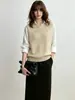 Colete de tricô trançado retrô para mulheres, gola redonda, corte solto, perfeito para usar em camadas, outono e inverno, macio e confortável, suéter sem mangas, peça externa