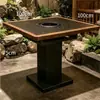 Mesa Booth para Churrasco de Madeira Maciça Beijada pelo Fogo com Vento Selvagem Montanha, Mesa e Cadeiras para Churrasco sem Fumaça a Carvão, Mesa de Jantar para Restaurante de Hot Pot