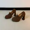 En stock~9.5cm Mocasines Estilo Británico Retro Punta Cuadrada Zapatos de Tacón Alto de un Solo Color para Mujer