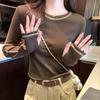 Foto Real # Camiseta de Gola Redonda com Costura para Mulheres 2025 Primavera Top Chic de Manga Longa com Costura Slim