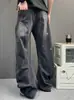 Jeans Masculino Retrô Americano Lavado Desgastado Rasgado Tendência Perna Reta Solta Abertura com Cordão Calças Compridas até o Chão