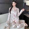 Pijama de Hilo de Hielo para Mujer de Comercio Exterior Transfronterizo Traje de Cárdigan Delgado para Primavera y Otoño Ropa de Casa de Manga Larga Sedosa Imitación de Seda