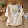 Camisa Fina de Algodão e Linho Estilo Verão Novo Estampa Artística Retrô Solta e Fluida para Mulheres