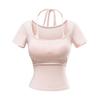 25299-Camiseta Fashionável Estilo Europeu e Americano Falsa Duas Peças Manga Curta para Mulheres Lançamento 2025 Nova Sexy com Efeito Emagrecedor Camiseta de Base Top