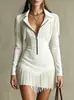 Vestido curto de manga longa estilo western com franjas, cruzado europeu e americano, decote V profundo, zíper, caimento justo, colado ao corpo, vestido de festa americano