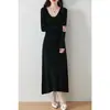 Vestido de punto de lana 100% pura con cuello en U de longitud media para otoño e invierno, vestido suéter de punto con corte entallado en forma de A para mujer, falda base hasta la rodilla