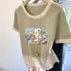 Camiseta de Manga Corta con Estampado Fresco Estilo Coreano, Borde de Encaje Versátil, Corte, Cuello Redondo, Color de Contraste, Top para Mujer de Verano
