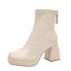 Botas Curtas para Mulheres 2025 Novas Botas Simples de Primavera e Outono Botas de Bico Redondo Plataforma Impermeável Aumentada Botas Nude Botas de Salto Alto Grosso Botas Femininas