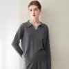 Suéter de Tricô Gola Polo Feminino Novo Outono/Inverno 100% Caxemira Pura, Manga Longa, Cor Sólida, Suéter Quente