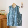 Colete Feminino Jacquard Dupla Face Estilo Nacional, Blusa sem Mangas de Gaze Dupla Camada de Algodão, Roupa de Casa de Algodão e Linho
