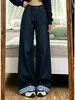 Jeans de Pierna Recta con Parches a Cuadros Estilo Retro Americano para Mujer Otoño Nuevo Diseño de Talla Grande Pantalones de Pierna Ancha Sueltos Adelgazantes