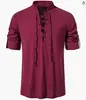 Camisa Henley Medieval para Hombre de Algodón y Lino Manga Larga Hippie Casual Playa Cuello Alto Camisa Europea y Americana Transfronteriza Cordón