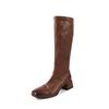 Botas de Cavaleiro Estilo Retrô em Couro Bovino de Primeira Camada Lavado para Mulheres, Botas de Salto Grosso Altas para Mulheres, Botas Slim que Vão até o Joelho