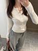 Top con Botones en el Hombro Derecho para Mujer en Primavera y Otoño Estilo Adelgazante Camiseta Interior Cuello Semi Abierto Estilo Sexy Camiseta Base