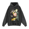 Estampado de personaje de anime, acabado lavado y desgastado, sudadera estilo retro americano extragrande, peso pesado, corte holgado, sudadera moderna estilo anime
