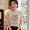 2026 Verão Novo Tricô Fino Gola Redonda Manga Curta Feminino Estampa de Morango Caimento Solto Camiseta Top