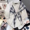 Camiseta Patchwork de Manga Curta com Laço Estilo Americano e Estampa Xadrez para Mulheres, Estilo College de Verão, Caimento Solto, Top Emagrecedor, Tendência