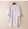 Kuichun Nuevo Comercio Exterior Estilo Japonés Francés Lino Puro Versátil Blanco Cuello Vertical Longitud Media Artística Camisa de Manga Larga para Mujer