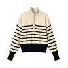 Moda femenina transfronteriza: nueva colección de otoño, suéter de punto a rayas color-block, elegante, de manga larga, cuello alto, con cremallera 55636032