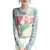 Camiseta básica estampada transfronteriza para mujer, camiseta de manga larga, holgada y favorecedora, tejido ligero de Lyocell, cuello redondo, versátil para primavera y verano