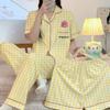 Xadrez Estilo Coreano Transfronteiriço Novo Estilo Fofo e Estiloso Roupa de Casa Primavera e Verão Desenho Animado Casual Conjunto de Três Peças Que Pode Ser Usado Fora Venda por Atacado
