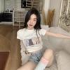 Playera Blanca Slim de Manga Corta con Estampado de Gato para Mujer Verano 2024 Dulce y Picante Ombliguera Corta Top Básico de Estudiante a la Moda