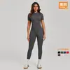 Mono de punto cruzado con cuello alto y media cremallera de manga corta para mujer para levantar caderas y tensar abdomen, mono deportivo ajustado para yoga 25500