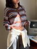 En Stock Otoño 2026 Nuevo Coreano Dongdaemun Holgado Vintage Versátil Cuello Redondo Bloque de Color Rayas Cardigan de Punto