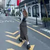 Falda de Mezclilla con Cordón Estilo Ropa de Trabajo con Bolsillo 2025 Gris de Cintura Alta con Abertura de Longitud Media Moda de Nicho para Mujer