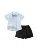 Camisa plisada para niño pantalones cortos negros para niño conjunto de manga corta para bebé primer cumpleaños verano corbata de moño de caballero ropa formal