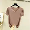Camiseta de mujer de manga corta con cuello en V, color blanco liso de verano, nueva camiseta básica de modal estilo coreano para mujer