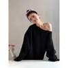 Sudadera Sencilla de Color Sólido Estilo Coreano Hombros Descubiertos para Mujer, Primavera y Otoño, Estilo Perezoso, Corte Holgado, Adelgazante, Versátil, Top de Hombros Descubiertos de Moda para Chicas Populares