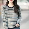 Sudadera de nuevo estilo holgada, top de punto a rayas de manga larga para principios de otoño, hilo de algodón, talla grande, capa interior de bloques de color, hombros caídos, colorido